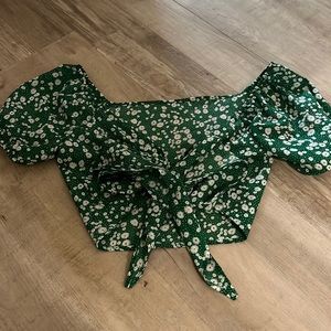 Shein Tie Front Dark Green Floral Top (Size M)